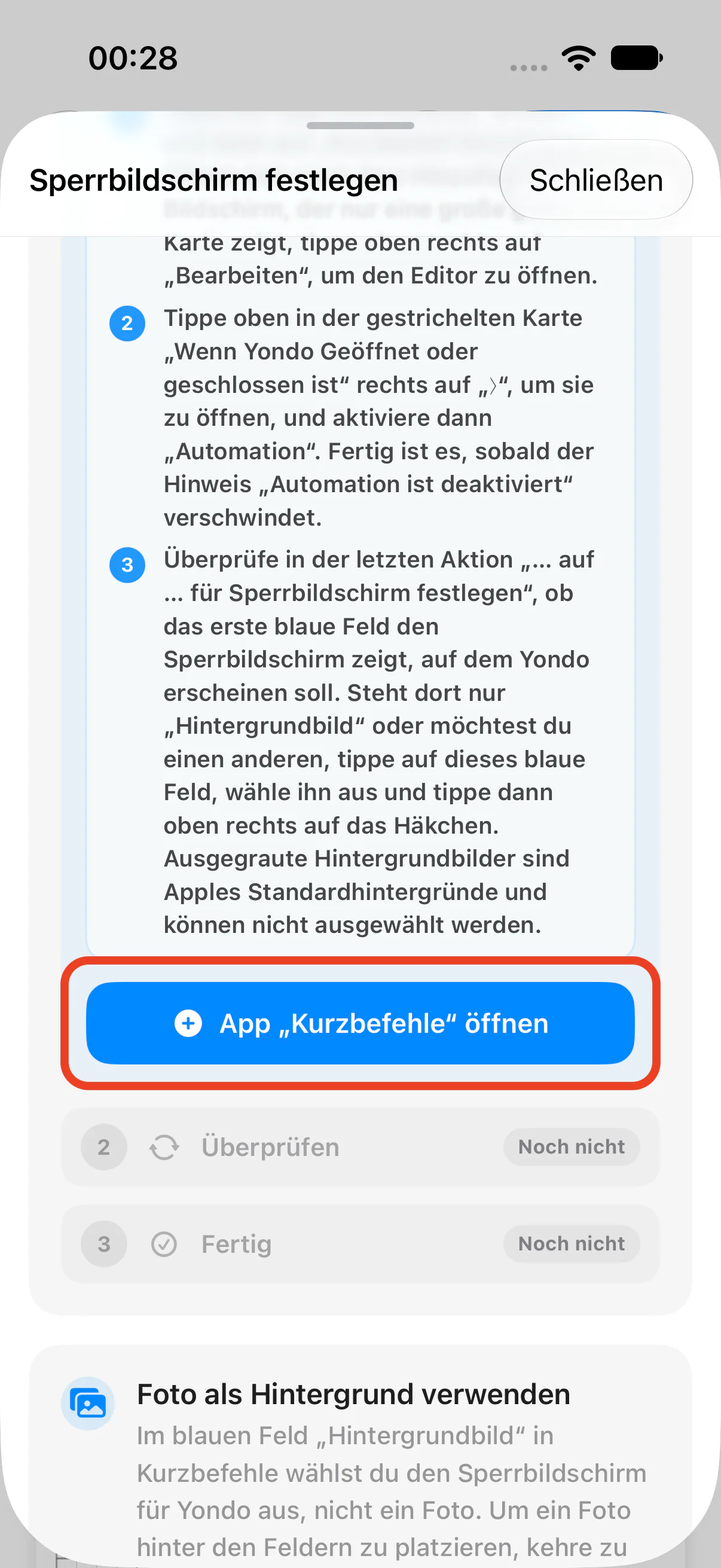 Die Taste App „Kurzbefehle“ öffnen in Yondo
