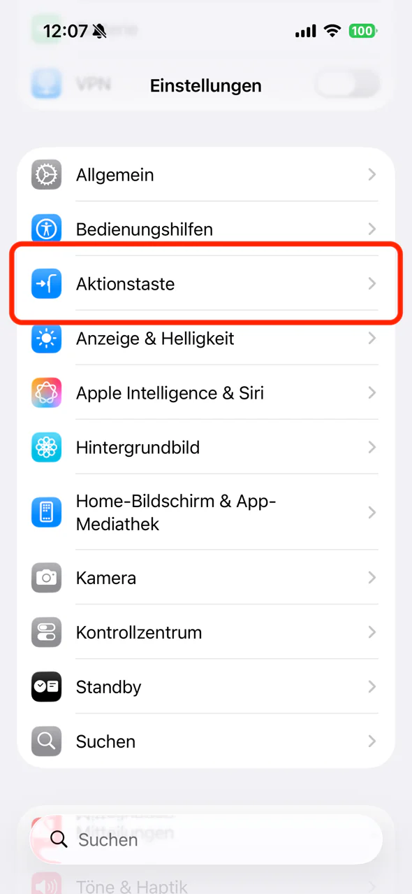 Der Eintrag „Aktionstaste“ in den iPhone-Einstellungen