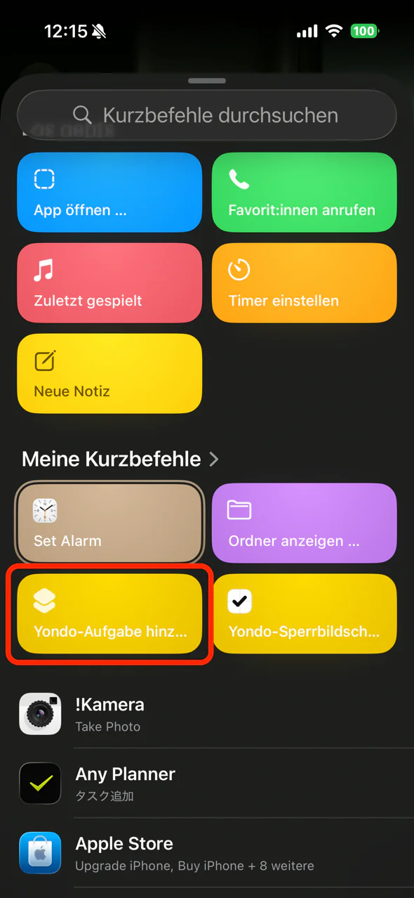 „Yondo-Aufgabe hinzufügen“ in der Kurzbefehlsliste