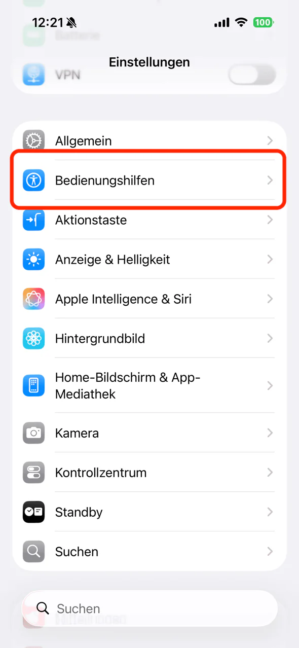 Der Eintrag „Bedienungshilfen“ in den iPhone-Einstellungen