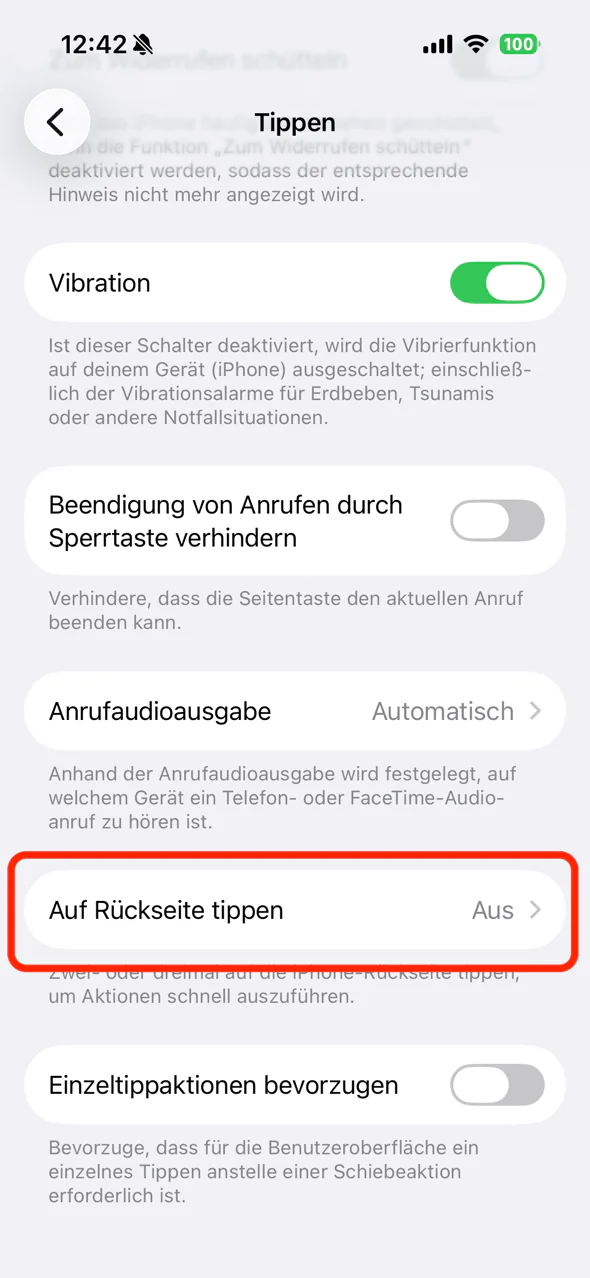 Der Eintrag „Auf Rückseite tippen“ im Bildschirm „Tippen“