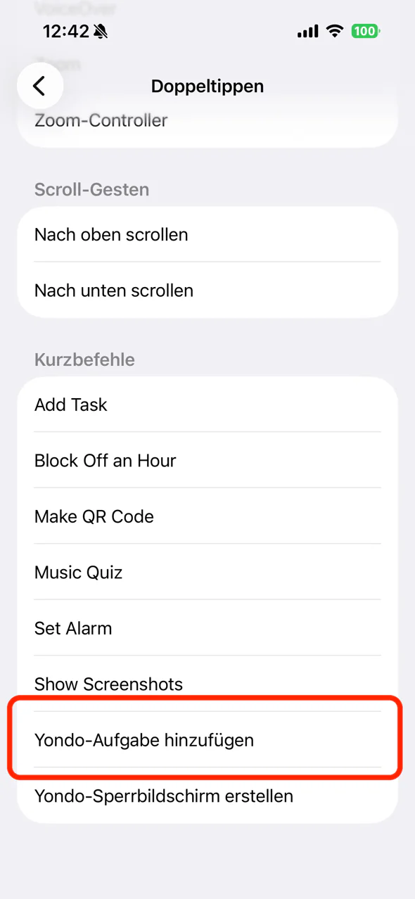 „Yondo-Aufgabe hinzufügen“ in der Kurzbefehlsliste für Doppeltippen