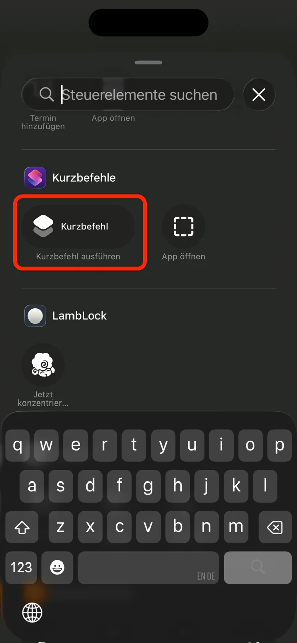 Das Steuerelement „Kurzbefehl“ in der Suche