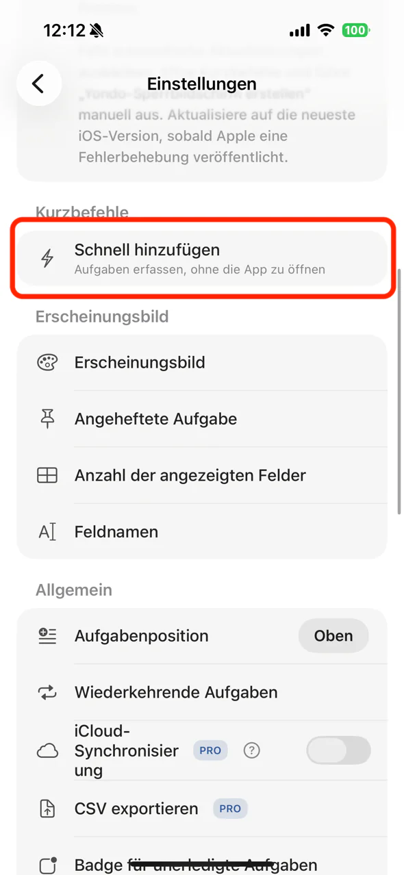 Der Eintrag „Schnell hinzufügen“ in den Yondo-Einstellungen