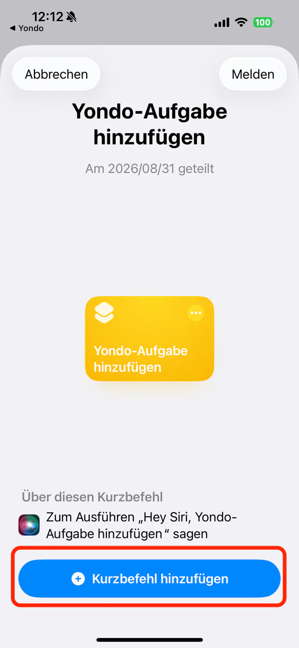 „Yondo-Aufgabe hinzufügen“ in der Kurzbefehle-App