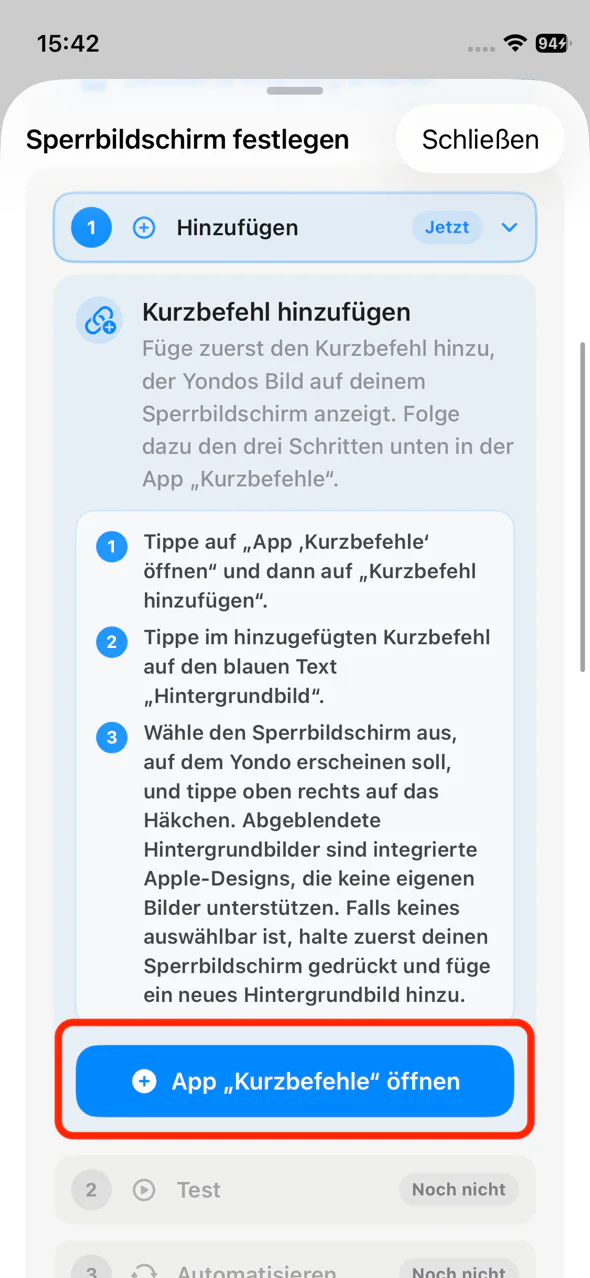 Taste zum Öffnen der Kurzbefehle-App in Yondo