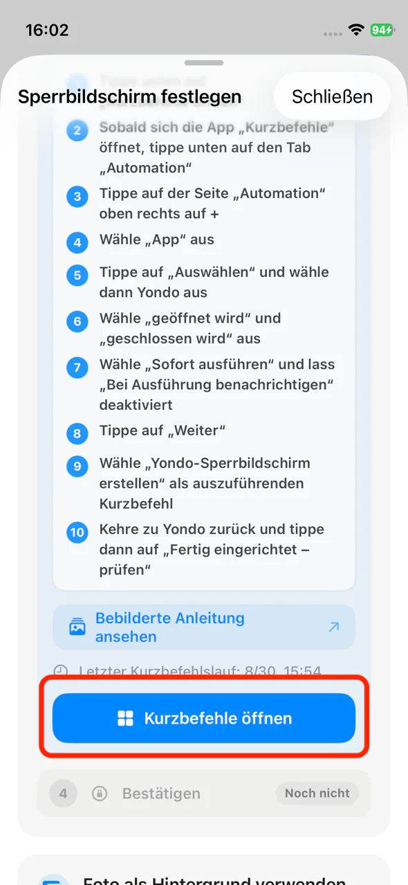 Taste Kurzbefehle öffnen