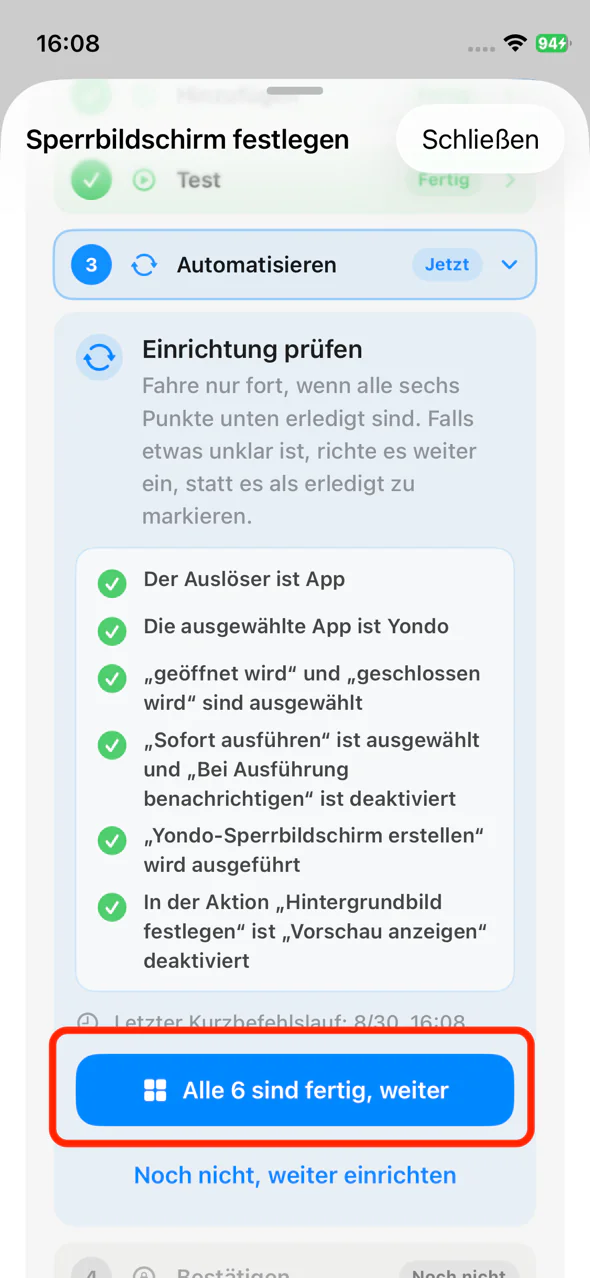 Sechs Punkte prüfen und fortfahren