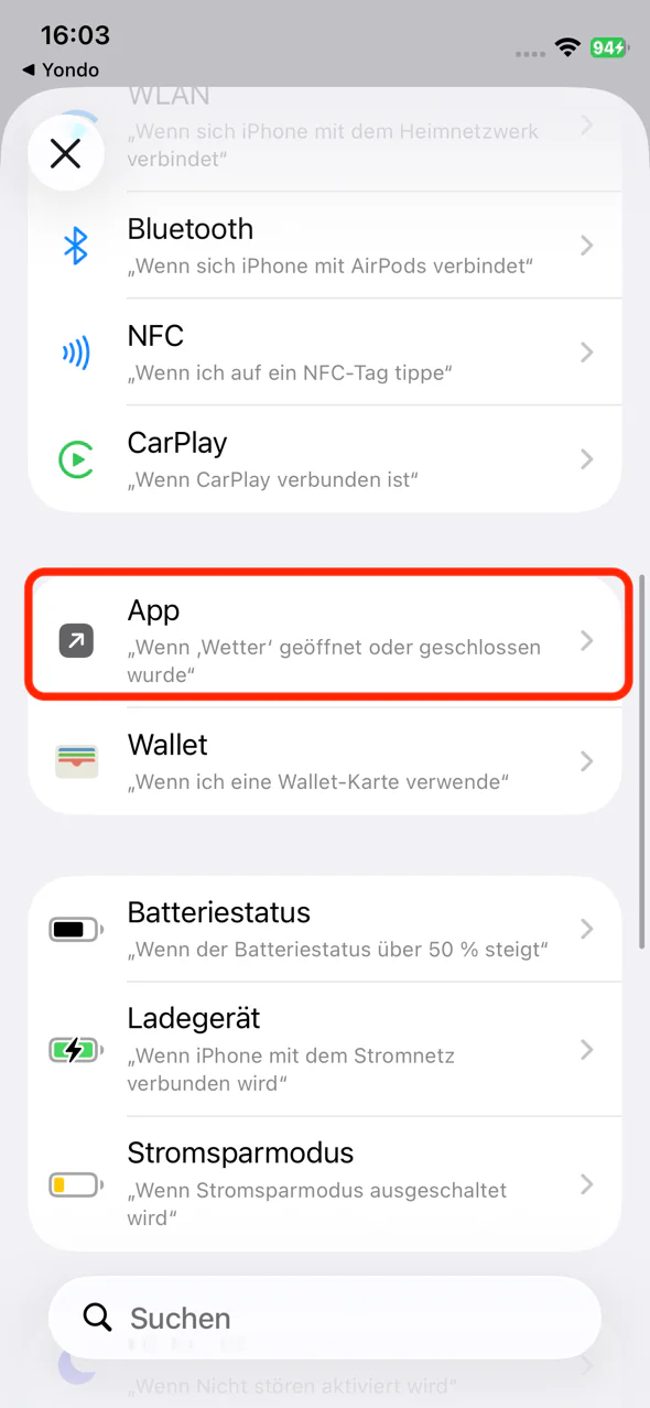 Auslöser App auswählen