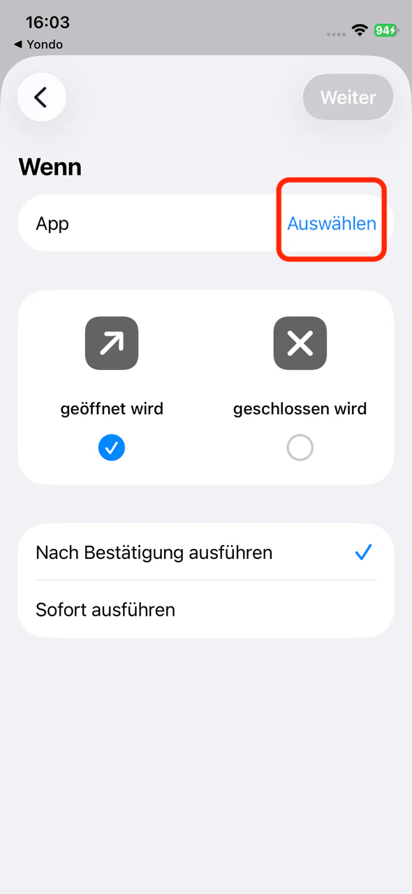 Taste Auswählen in der Zeile App
