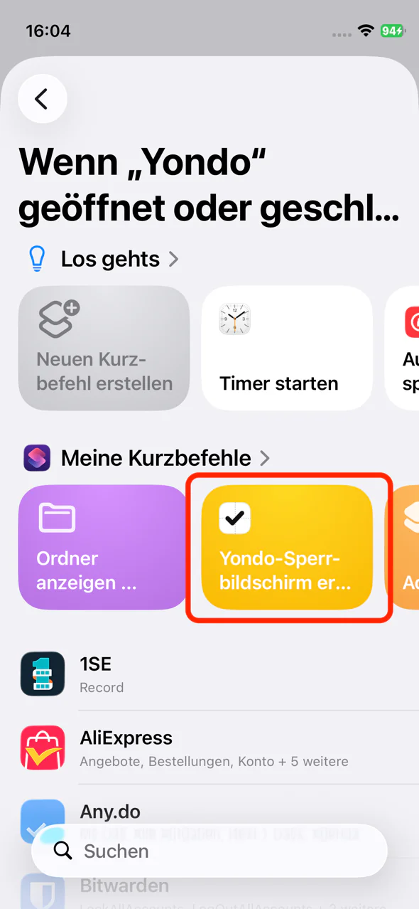 Yondo-Sperrbildschirm erstellen als Kurzbefehl auswählen