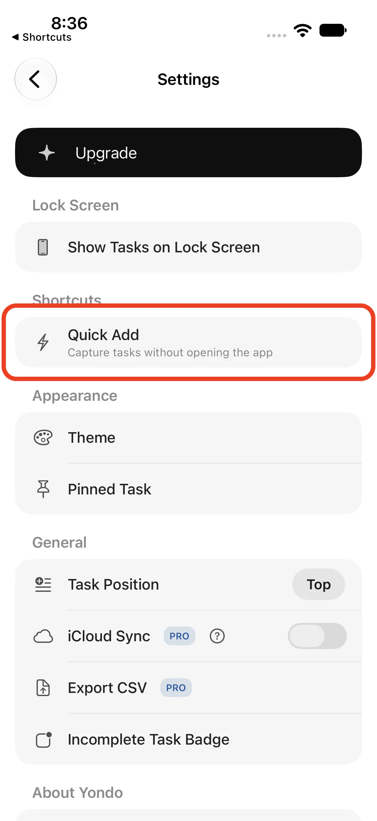 The Quick Add item in Yondo’s settings