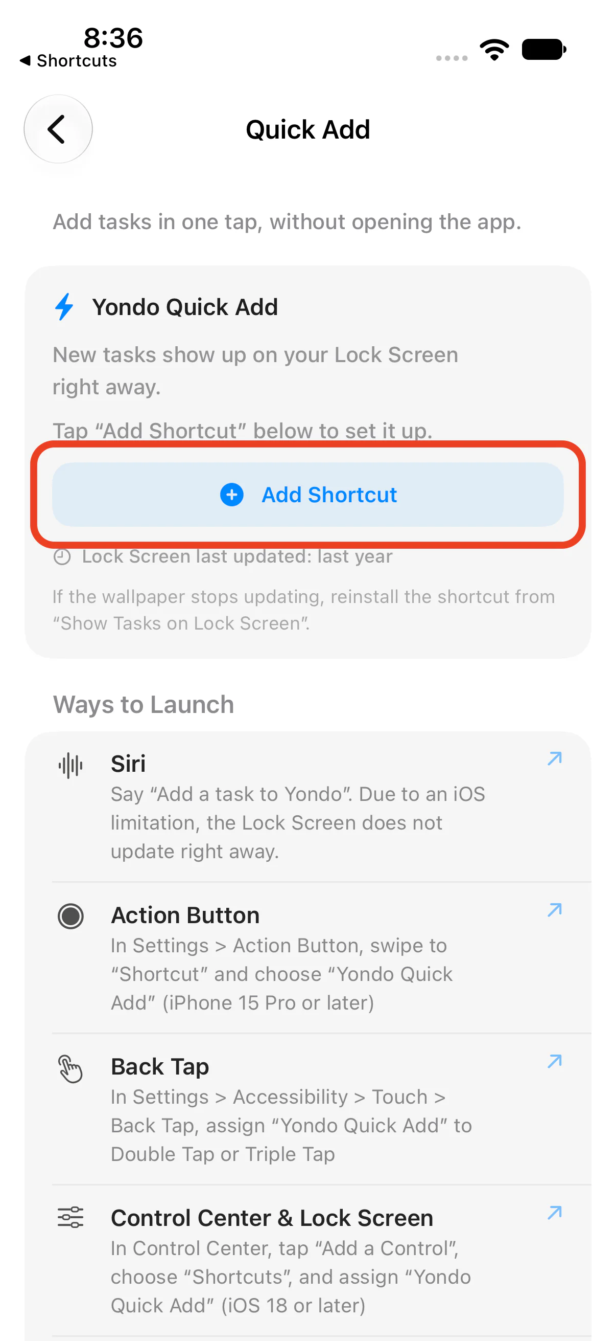 The Add Shortcut button in Quick Add settings