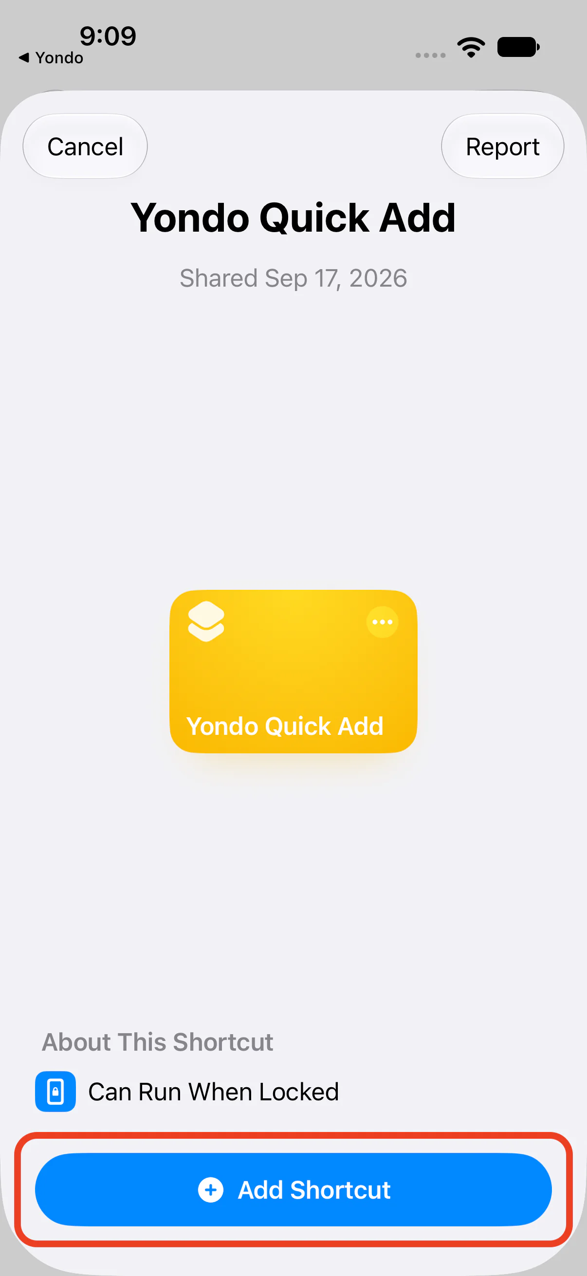 The Add Shortcut screen in the Shortcuts app