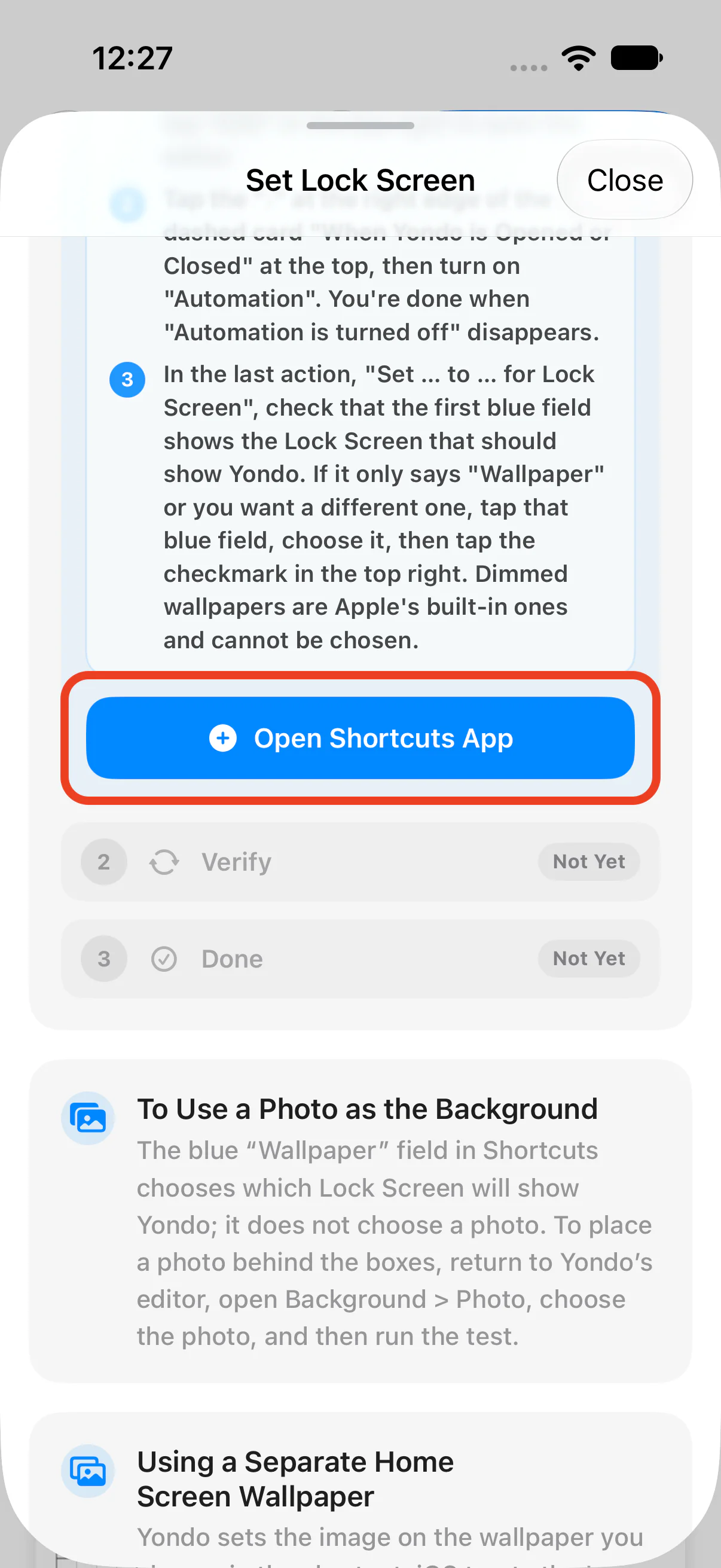The “Open Shortcuts App” button in Yondo