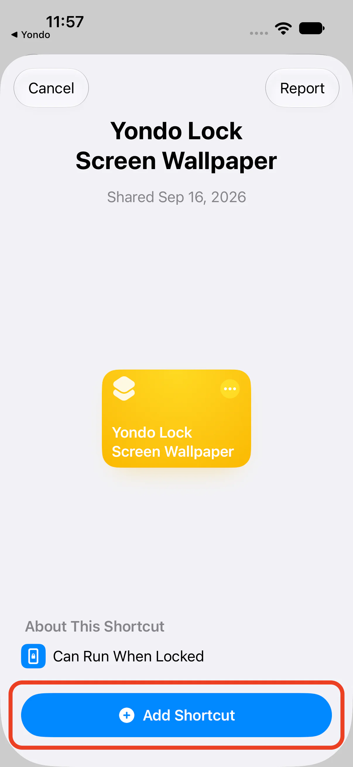 The Add Shortcut screen