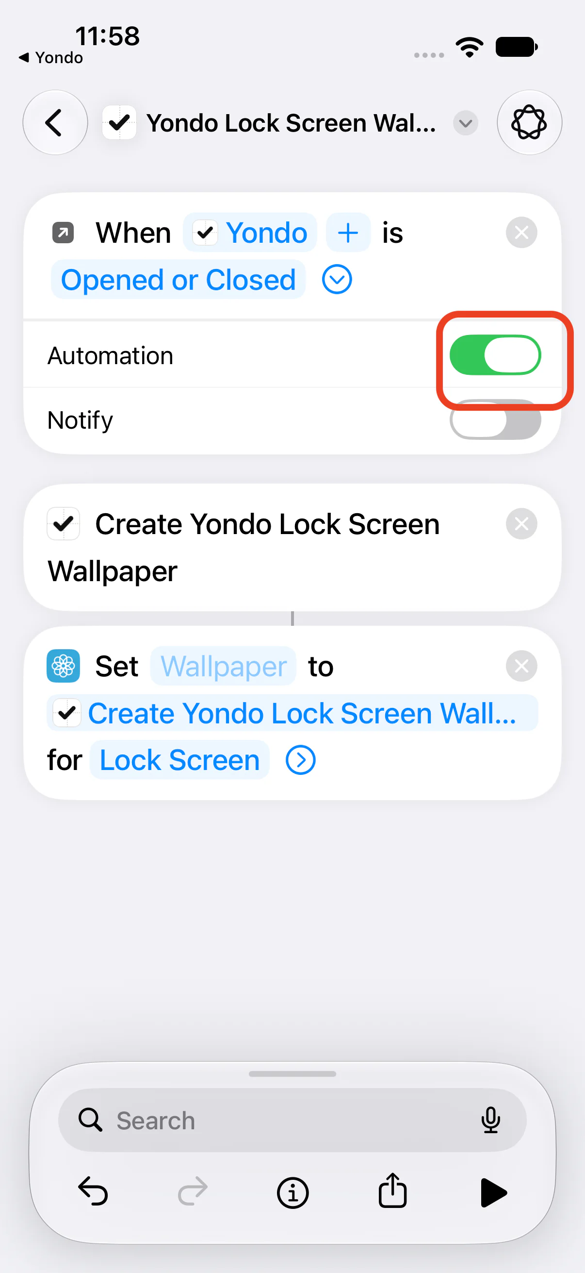 The “Automation” toggle inside the opened card