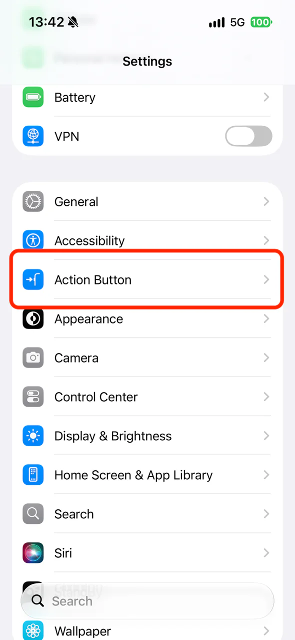 The Action Button item in the iPhone Settings