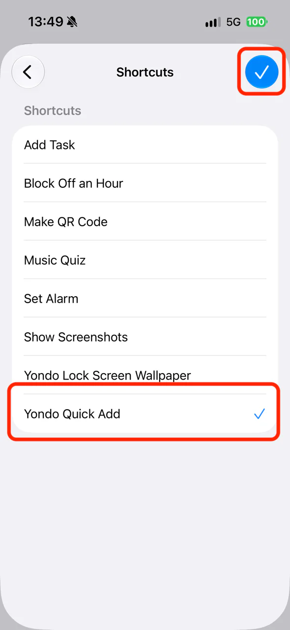 Yondo Quick Add selected in the Shortcuts list, with the check mark in the top-right corner