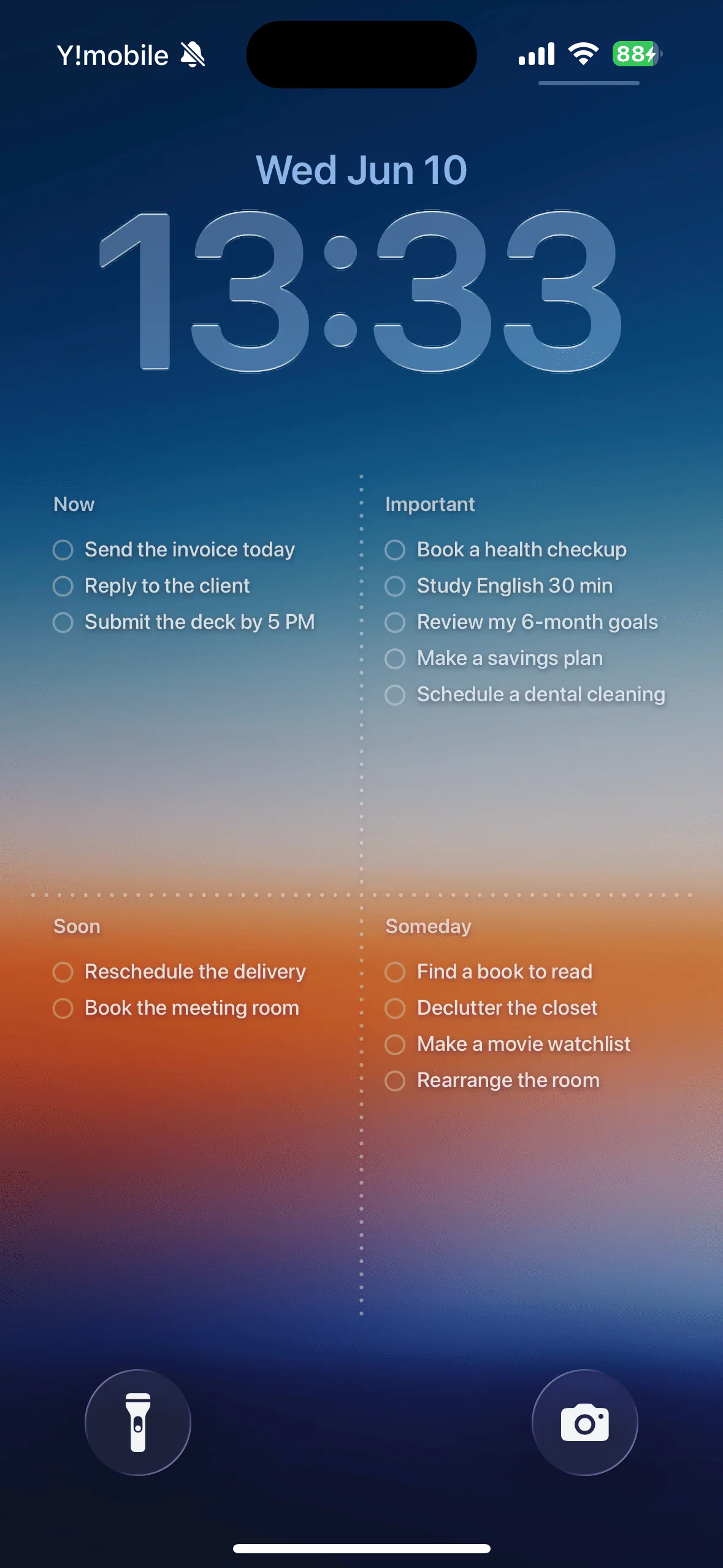 A Lock Screen showing Yondo tasks in four quadrants