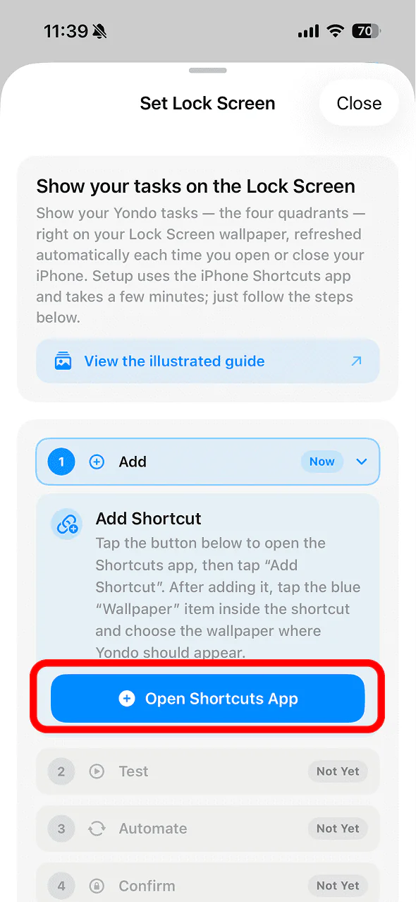 Open Shortcuts App button in Yondo