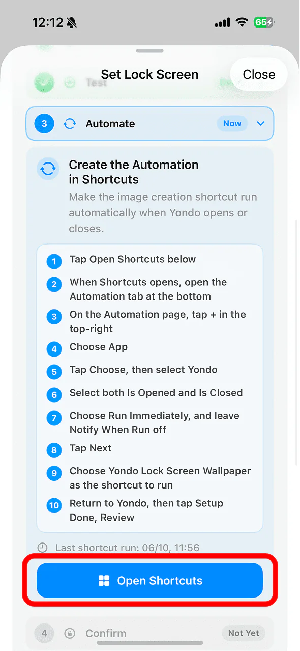 Open Shortcuts button
