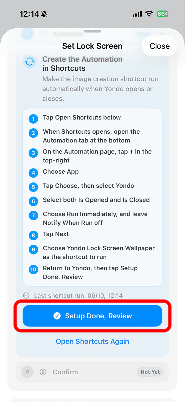 Setup Done, Review button