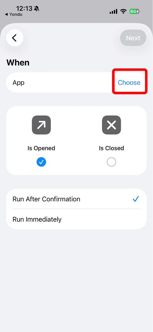 Choose button on the App row
