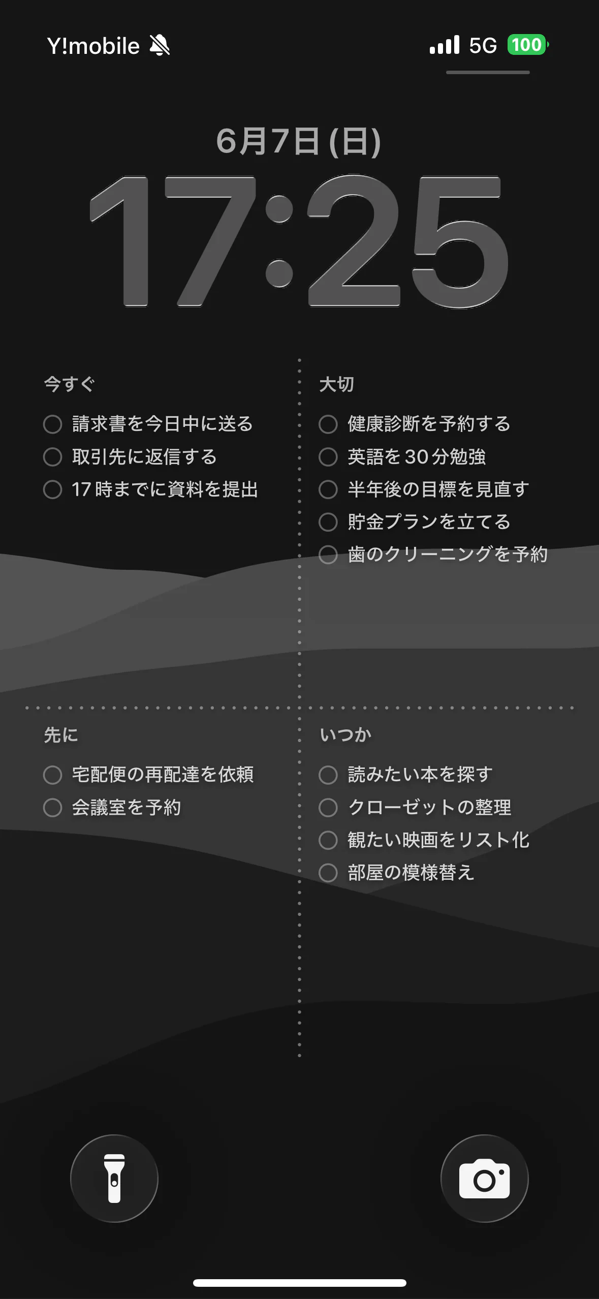 Yondo のタスクが4象限で表示されたロック画面