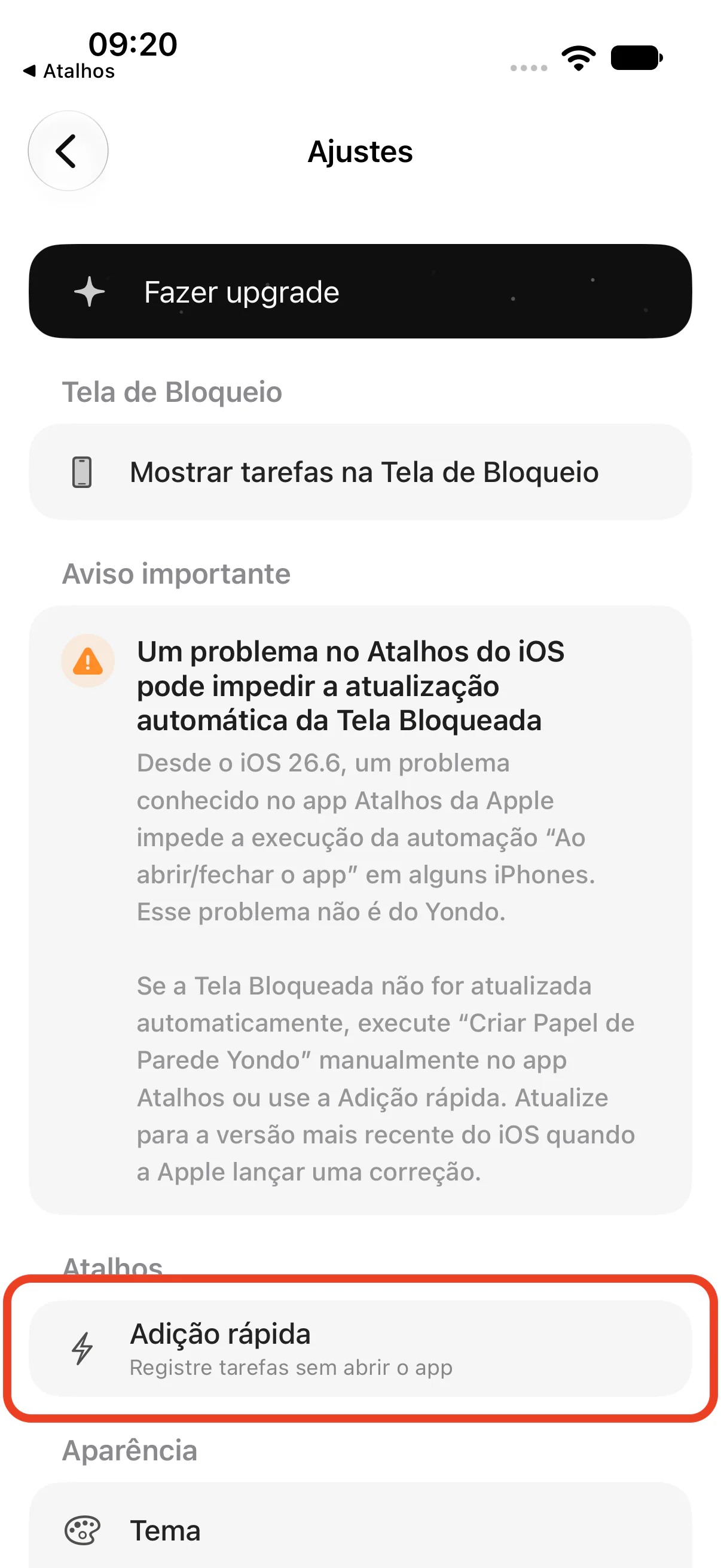 O item “Adição rápida” nos ajustes do Yondo