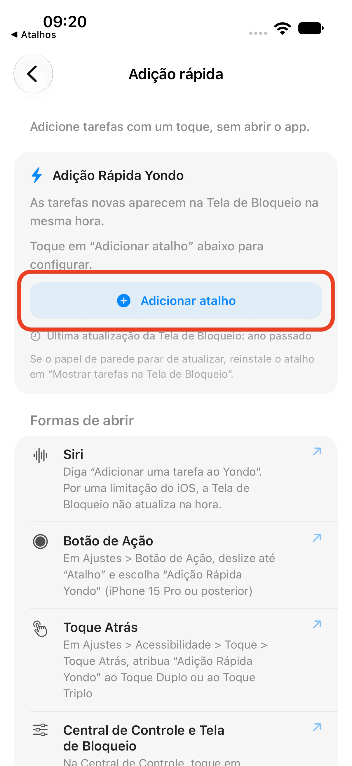 O botão “Adicionar atalho” nos ajustes de Adição rápida