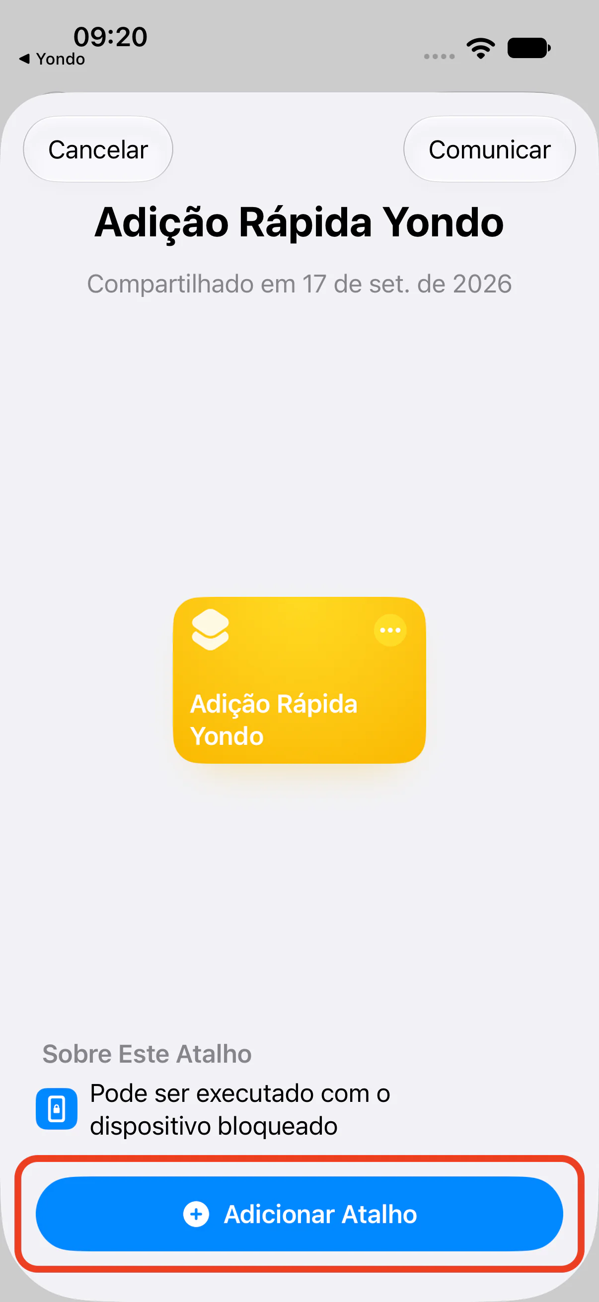 A tela para adicionar o atalho no app Atalhos