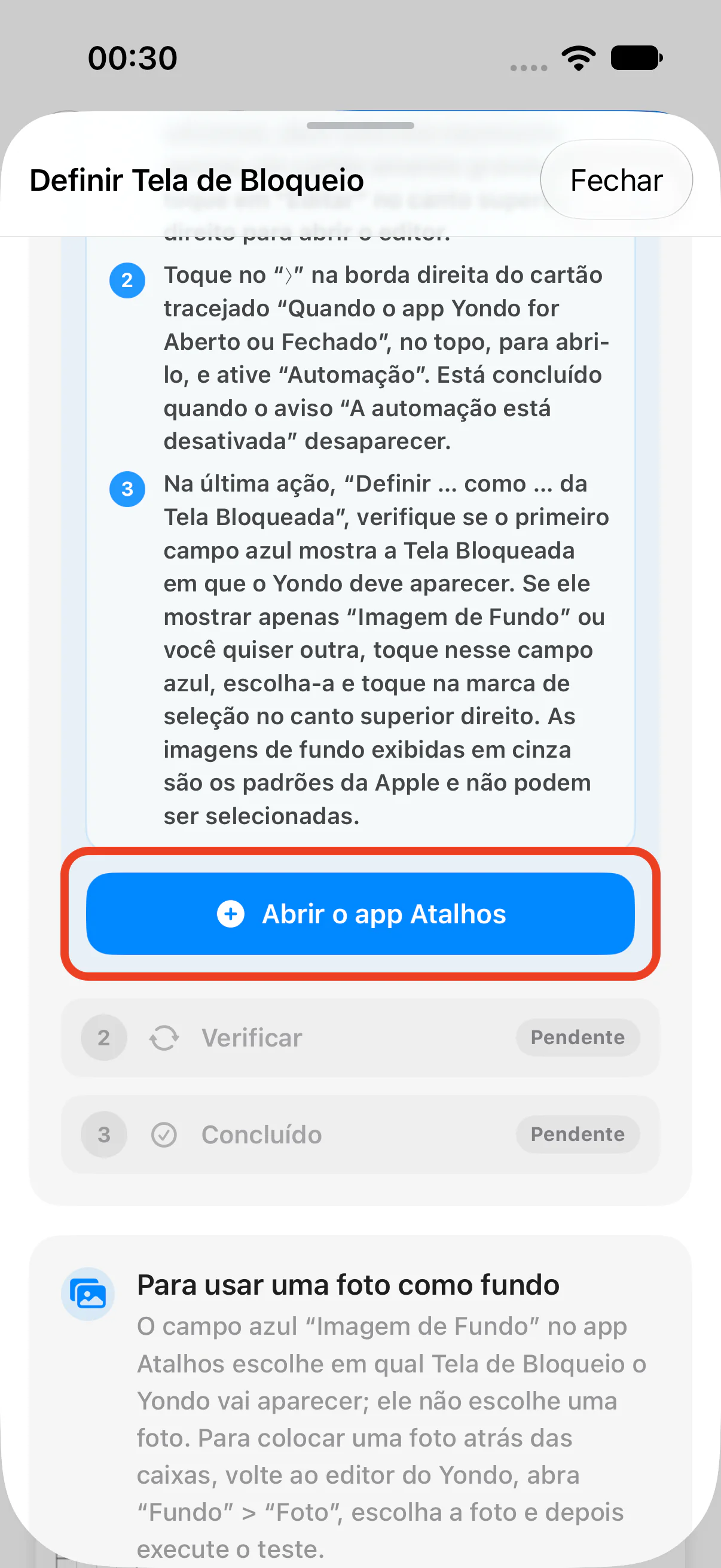 Botão “Abrir o app Atalhos” no Yondo