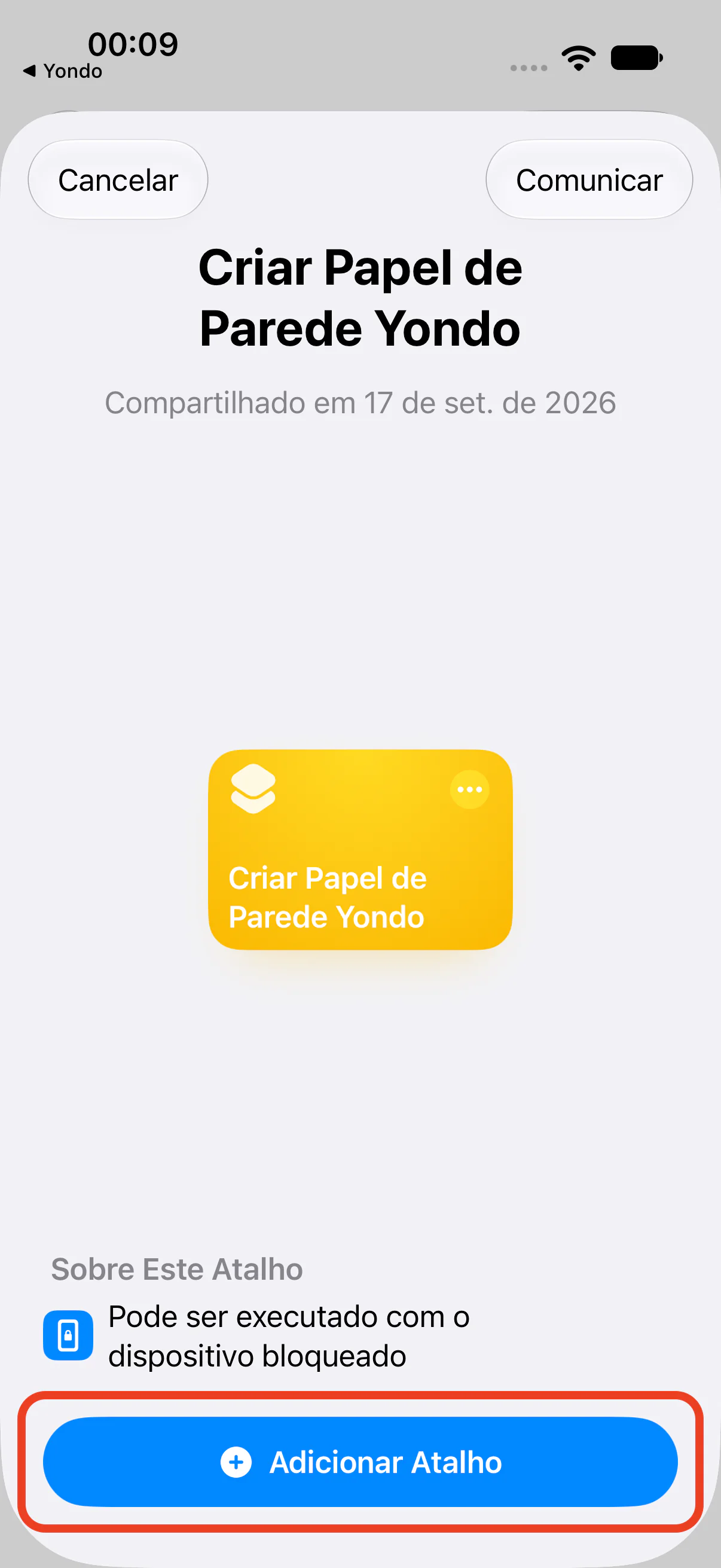 A tela para adicionar o atalho