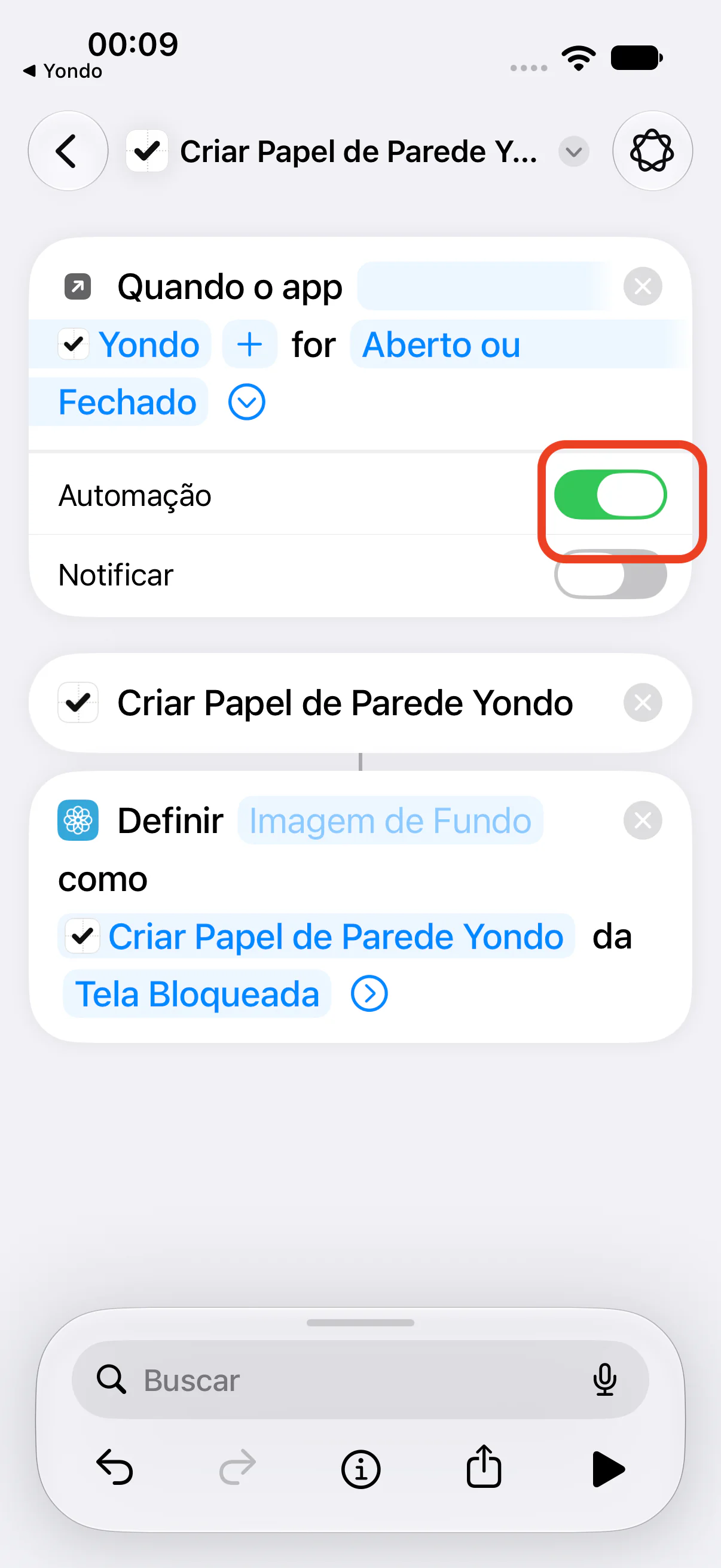 O botão “Automação” dentro do cartão aberto