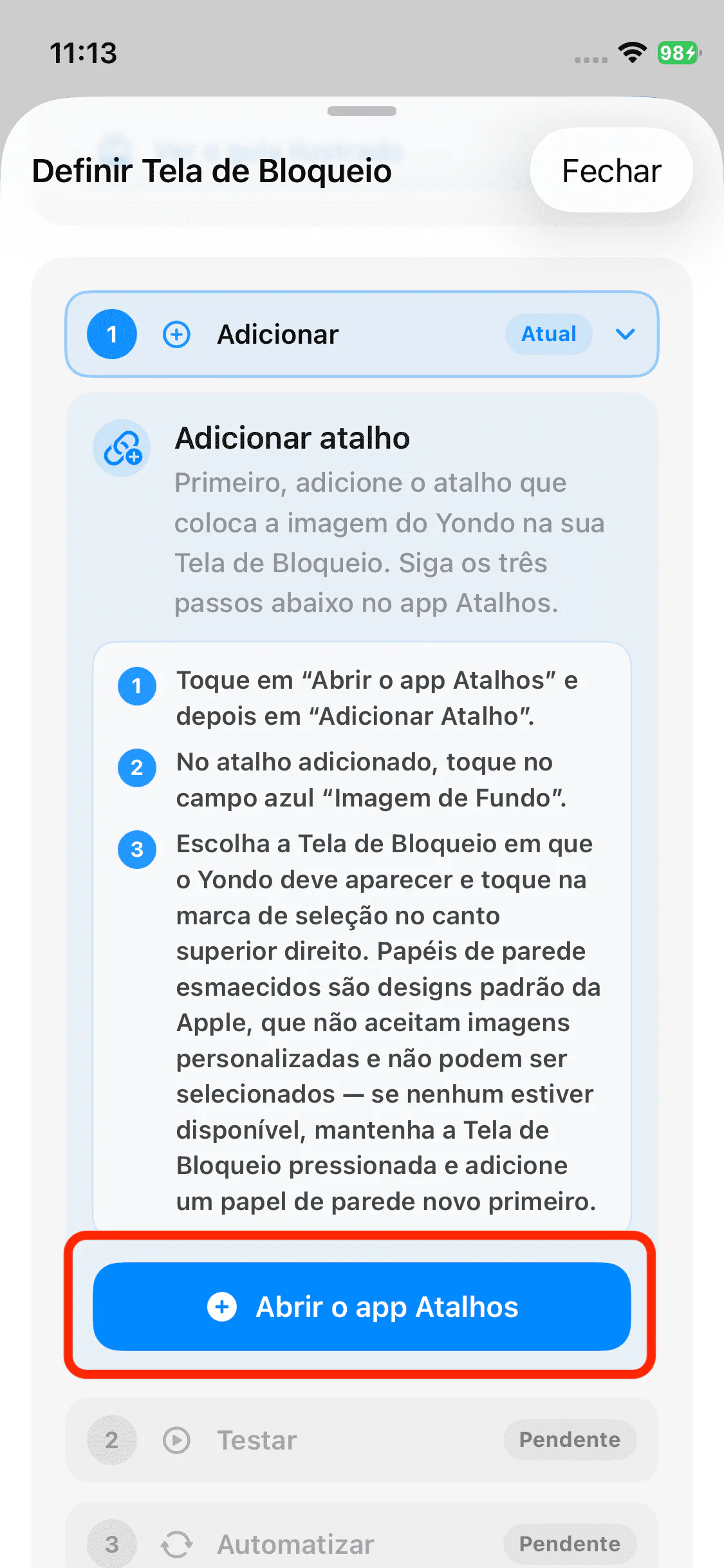 Botão para abrir o app Atalhos no Yondo