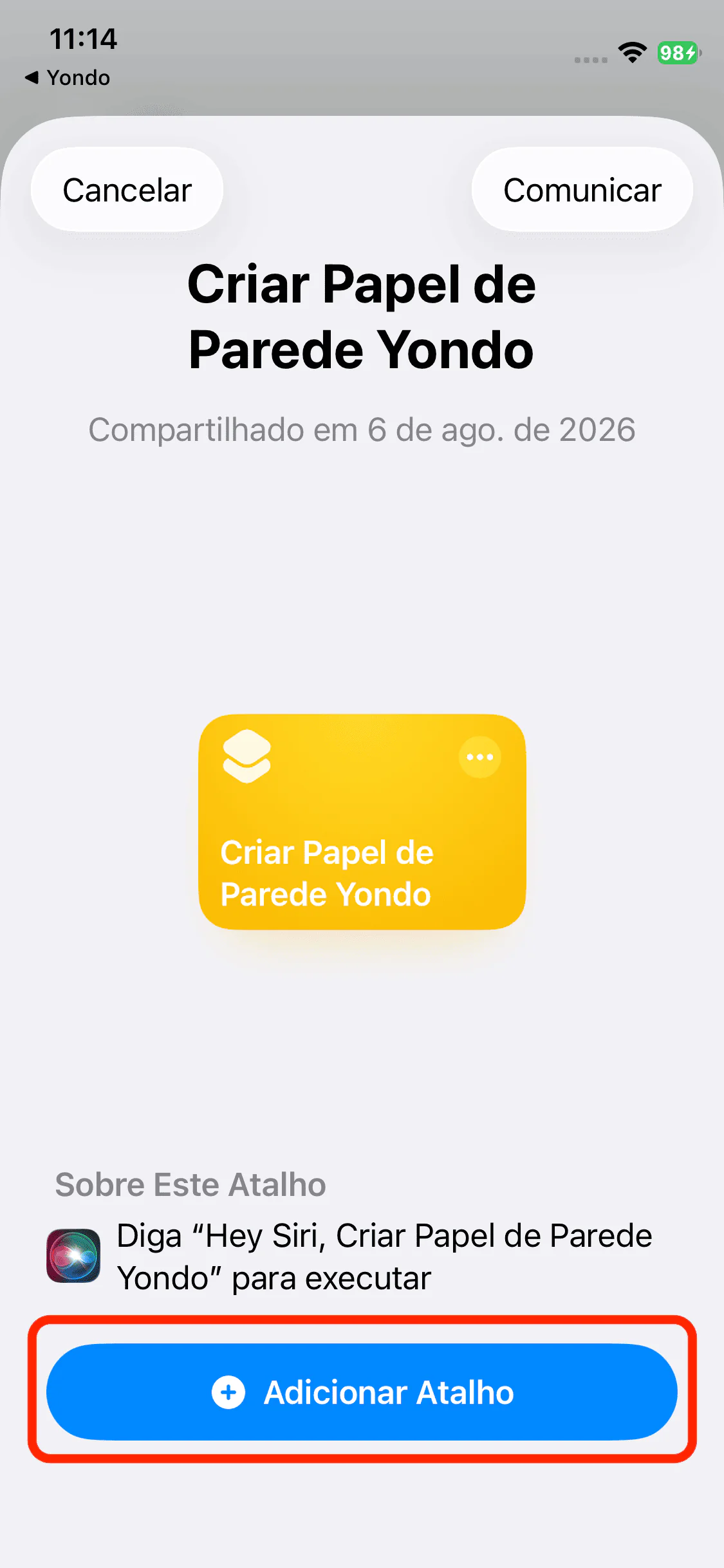 Botão Adicionar Atalho
