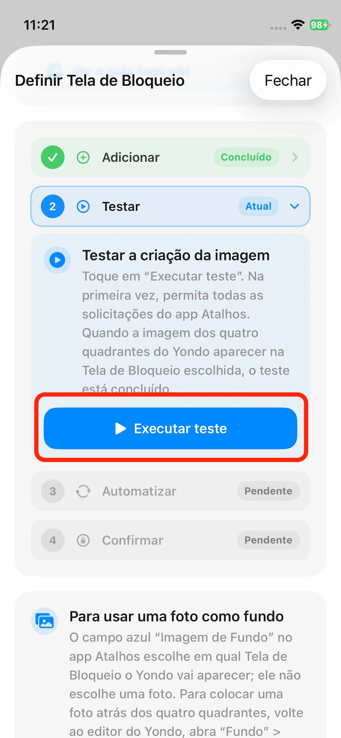 Botão Executar teste