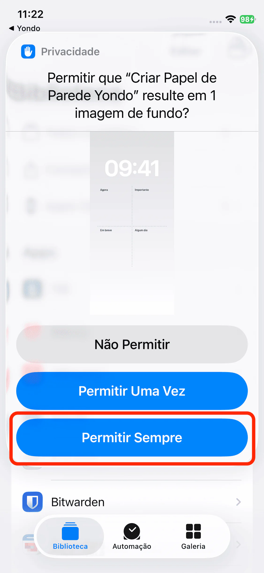 Permitir sempre que o atalho resulte em uma imagem de fundo