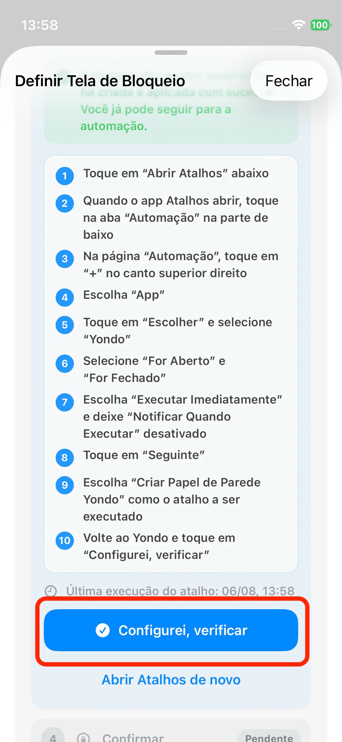 Botão Configurei, verificar