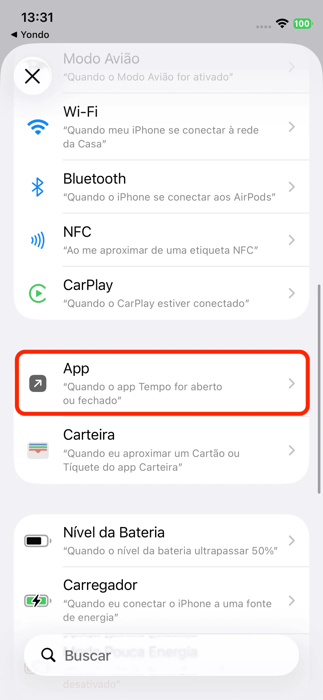 Escolher o gatilho App