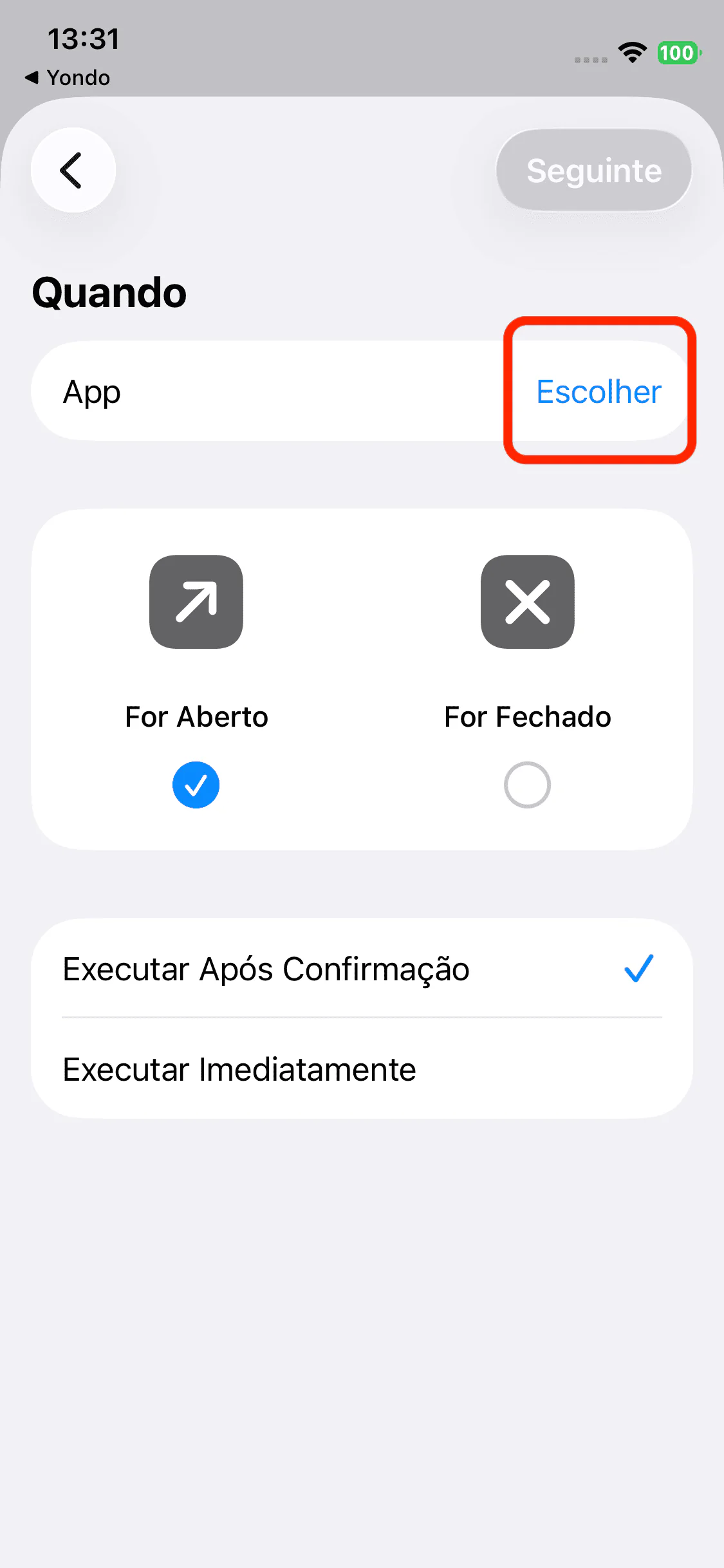 Botão Escolher na linha App