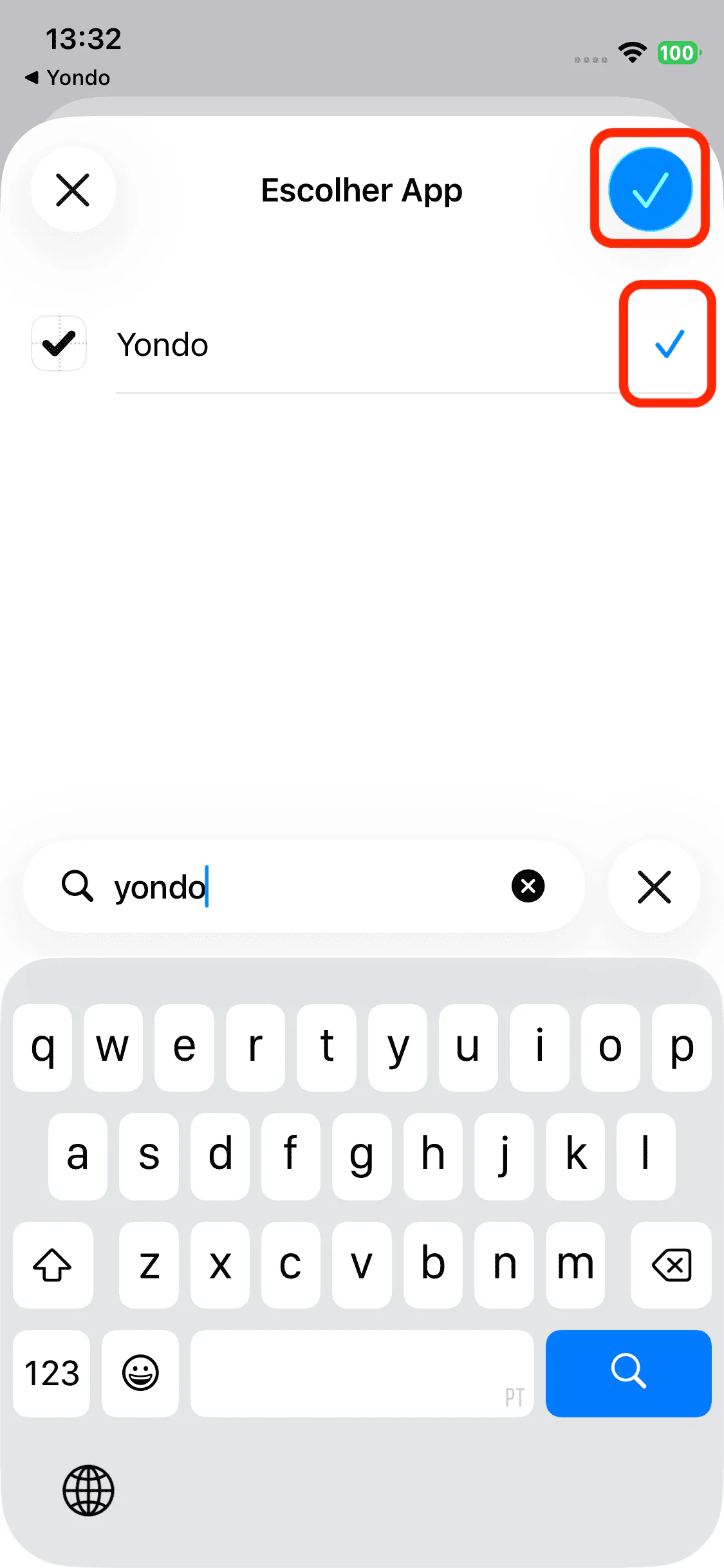 Selecione o Yondo e toque no sinal de confirmação