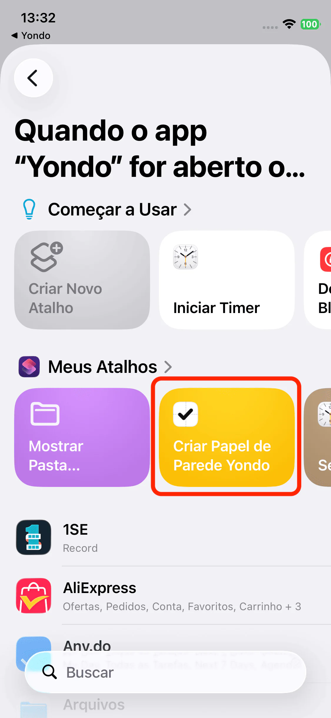 Escolher Criar Papel de Parede Yondo como o atalho a ser executado